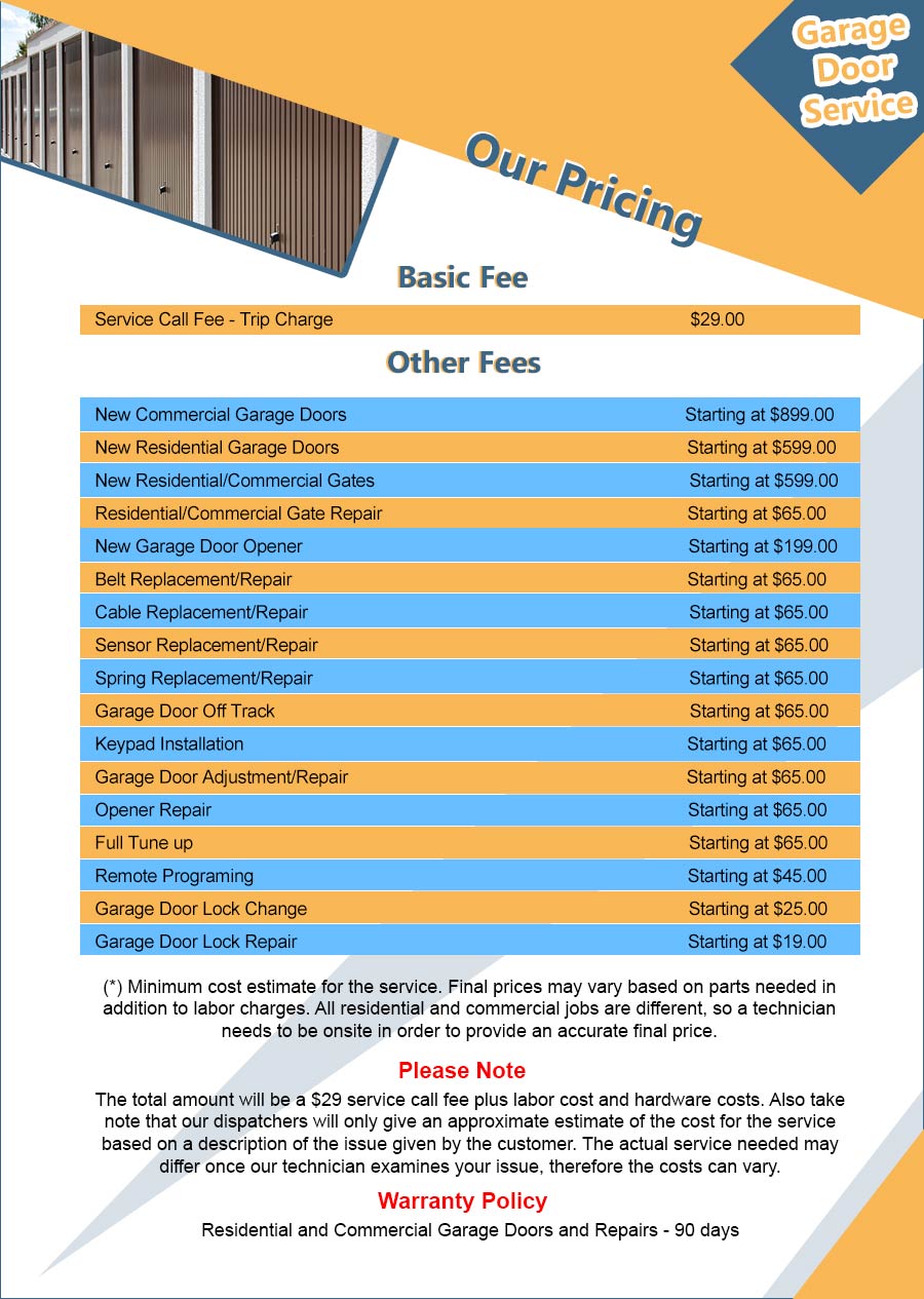 Price List United Garage Door Service